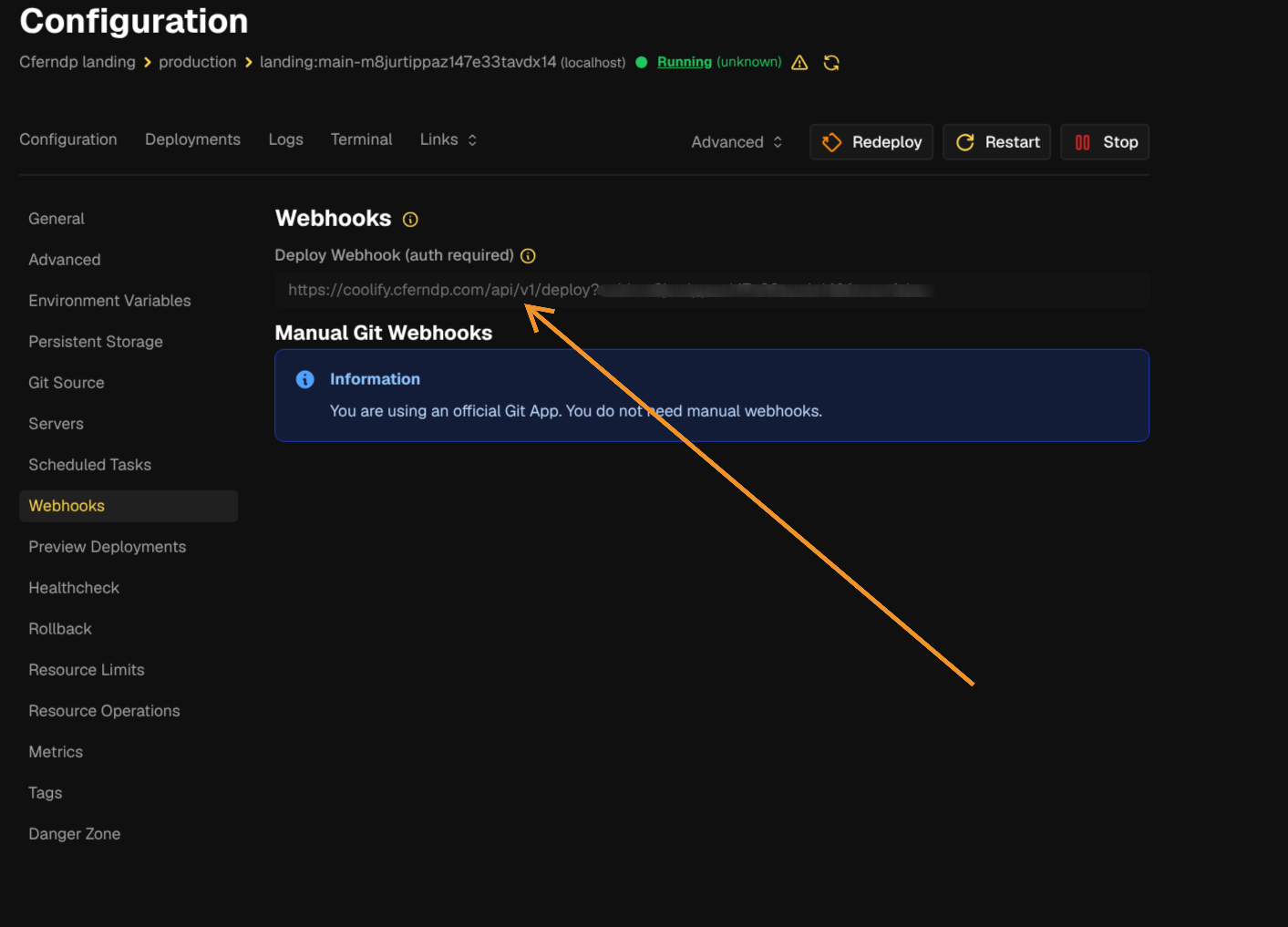 Coolify webhook configuration showing GitHub integration and automatic deploy on push