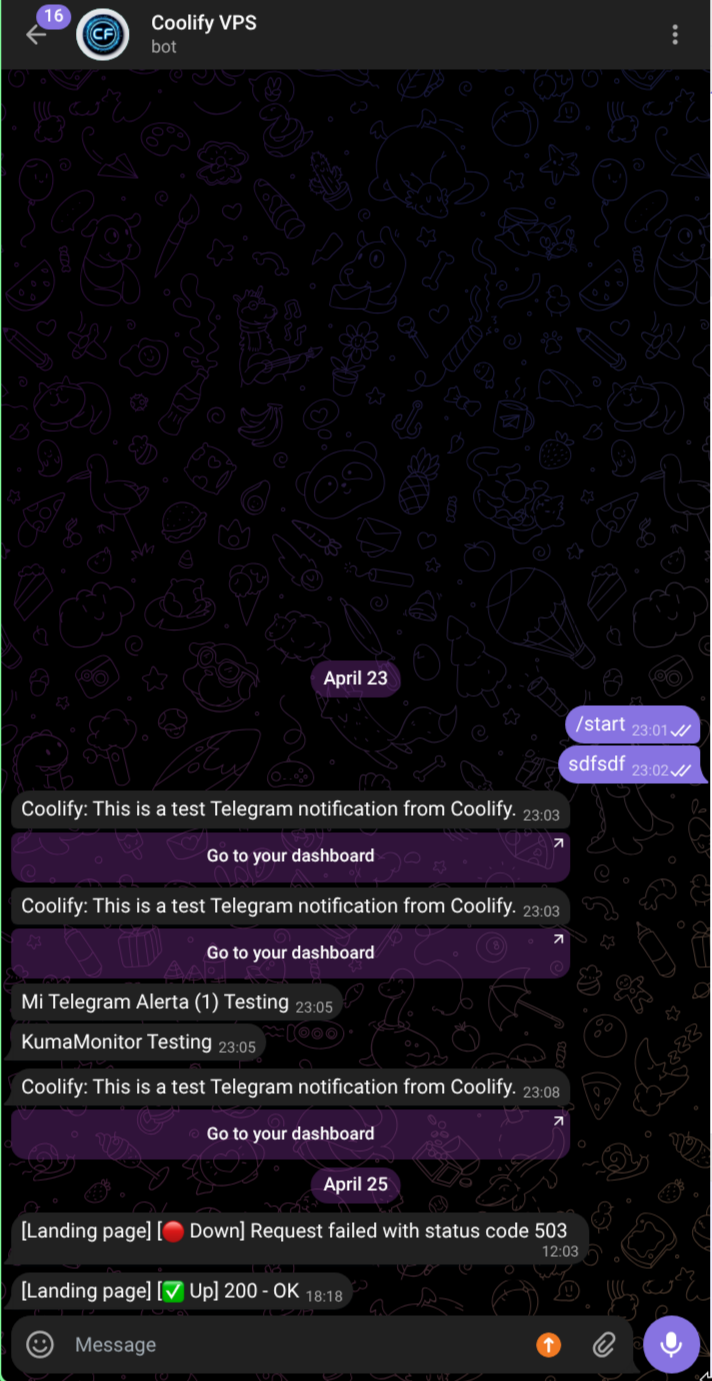 Telegram chat showing a Coolify deployment notification and an Uptime Kuma alert